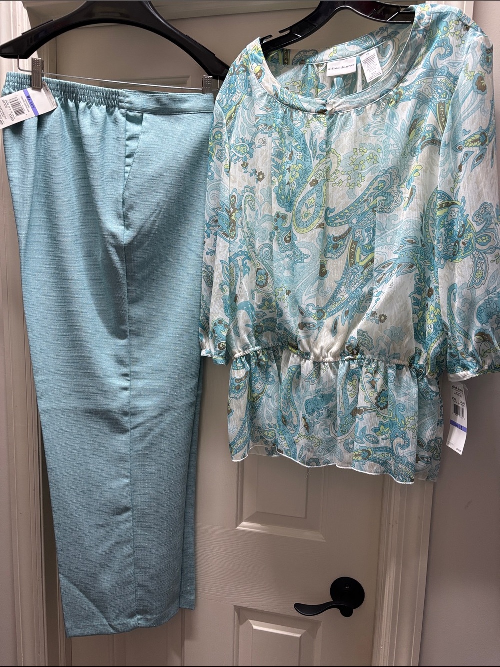 NEW Alfred Dunner Aqua Paisley Peplum Top & Aqua Straight-Leg Pants